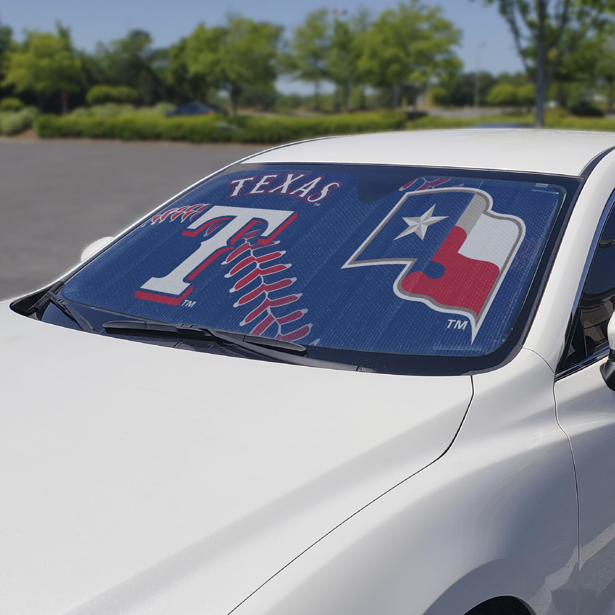 FANMATS 60039 MLB Texas Rangers Windshield Sun Auto Shade, Sun Shield Sun Visor | Accordion tri-fold for Storage | 59" x 29.5", Colorful Team Design
